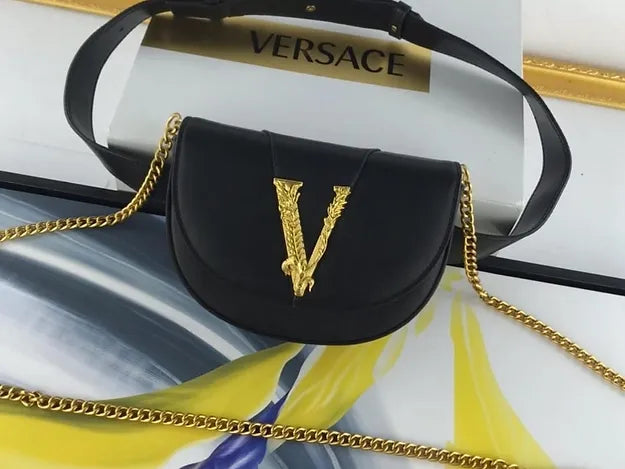 Versace Virtus Gold Buckle Saddle Waist B Black Leather Cross Body Bag