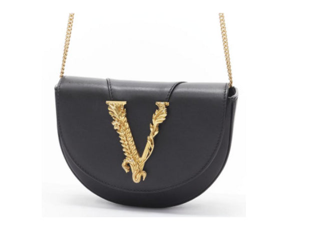 Versace Virtus Gold Buckle Saddle Waist B Black Leather Cross Body Bag