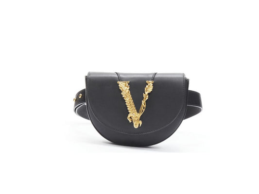 Versace Virtus Gold Buckle Saddle Waist B Black Leather Cross Body Bag